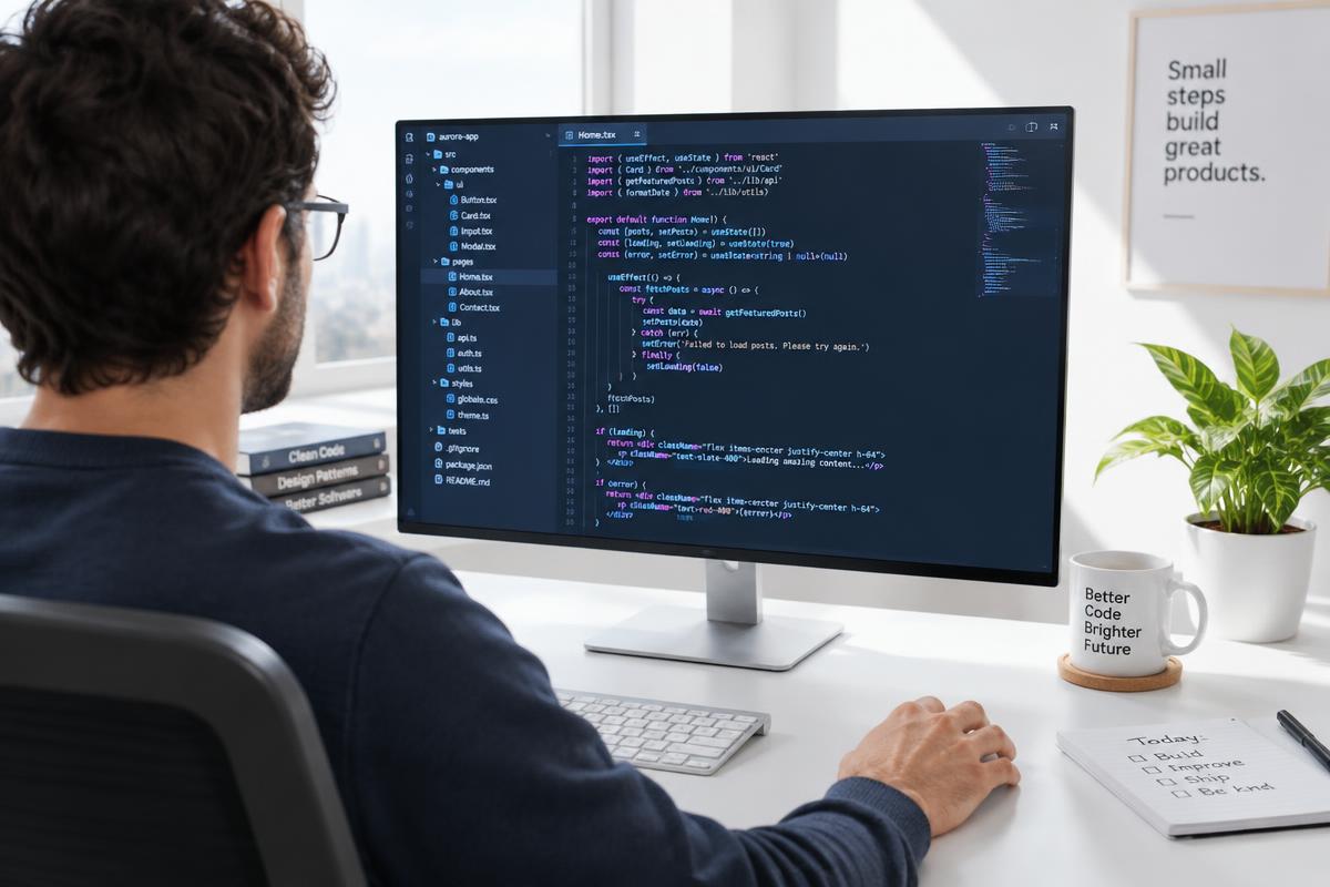 Developer at a bright desk with code on a large monitor