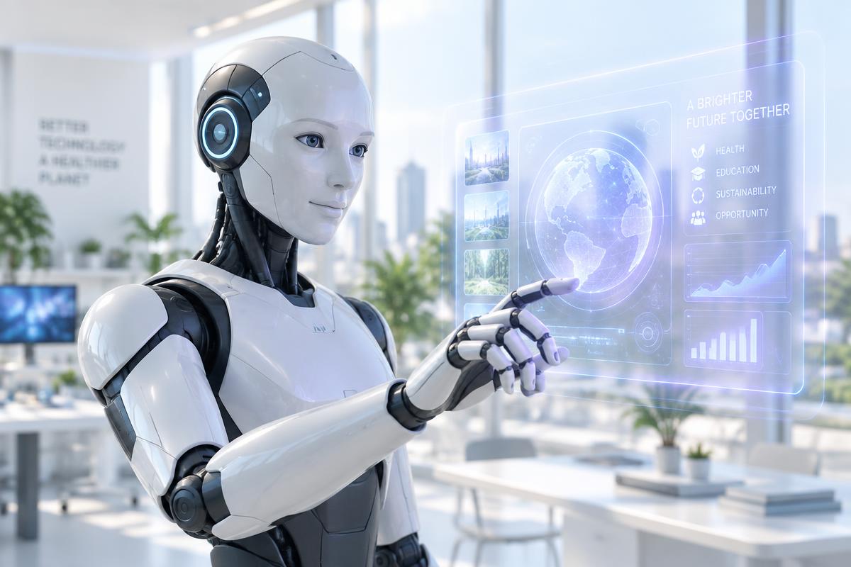 Humanoid robot interacting with a glowing interface in a bright lab